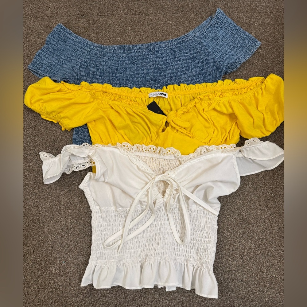 Blue Jean, Yellow and White Off-Shoulder Blouses 3pk Bundle